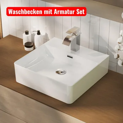Produktbild von Waschbecken 42x42 cm mit Armatur Set, kratzfeste pflegeleichte Keramik Aufsatzwaschbecken, Cecipa MAX Handwaschbecken Wandmontage, Waschschale Bad