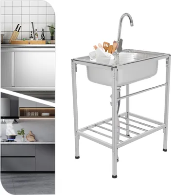 A collage of kitchen scenes and a standalone stainless steel sink with a faucet.
