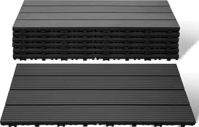 Produktbild von Faziango WPC Terrassenfliesen 2 m², 30 x 60 cm 12 Stücke, Terrassendielen mit 4 Latten in Holzoptik, für Garten Balkon Bodenbelag mit Drainage und Klicksystem, Anthrazit