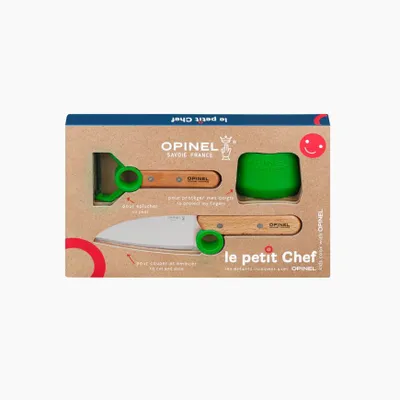 Produktbild von Opinel Kinder Küchenutensilien Set - Holzgriff - 3-teilig - Sicheres Kochlernen mit Chefmesser, Sparschäler & Fingerschutz