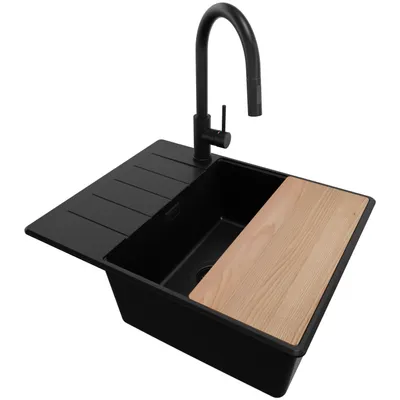 Produktbild von PRIMAGRAN Granitspüle Alles Schwarz 62x50cm, Spülbecken 1 Becken + Ablauf-Set + Küchenzubehörset, Küchenspüle ab 50er Unterschrank - Kopenhagen