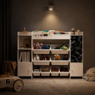 Obrázok produktu pre UnboxG detský regál na hračky, biela, 137x94,5x30 cm – úložný systém na hračky s 8 úložnými boxmi, knižná polica, tabuľa a 2 skrinky