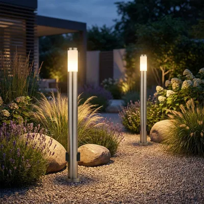 Produktbild von 2x LED Stehleuchte, Edelstahl, Silber, Steckdosen, H 110 cm