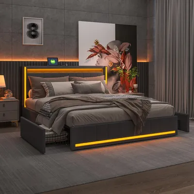 Immagine prodotto di UnboxG Letto matrimoniale 140×190 cm Grigio, letto imbottito in lino con testiera e pediera LED, 4 cassetti in metallo, funzione di ricarica USB