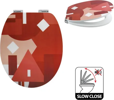 A toilet seat lid with a geometric abstract design in shades of red and white, shown from the top and side. A separate graphic indicates a slow-close feature.