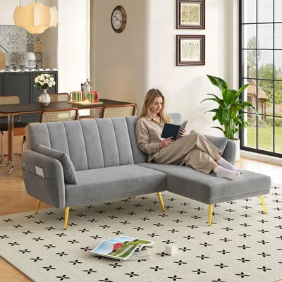 Produktbild von Merax Ecksofa mit Schlaffunktion, L-Form Klappsofa Schlafsofa, 3-stufig verstellbar, 3-Sitzer Sofa, Couch, Bettsofa, Wohnzimmersofa, Velvet, Grau