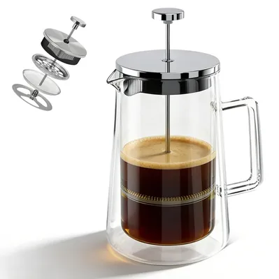 French Press 1 L, doppelwandig, Edelstahl & Glas, für Kaffee & Tee