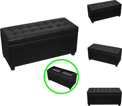 A collage of images showing a black upholstered storage ottoman from different angles, with one inset image highlighting the interior tray.
