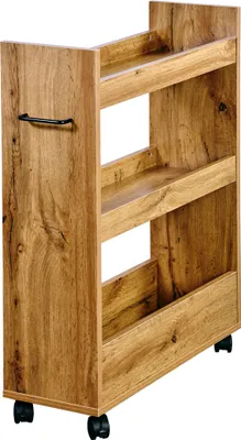 A narrow wooden shelving unit with three shelves and a handle on the side, resting on four wheels.