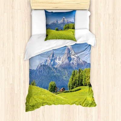 Produktbild von ABAKUHAUS Natur Mantele, Alpen mit Wiese Flora, Milbensicher Allergiker geeignet mit Kissenbezügen, 135 cm x 200 cm - 80 x 80 cm, Grün blau