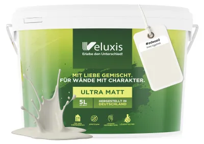 Produktbild von Wandfarbe Hellgrau Creme Beige Matt Innenfarbe – Deckkraft Klasse 1, VOC-frei, Ohne Grundierung, Tropfarm – Wohnzimmer & Schlafzimmer – 5L – Veluxis (Easy Eggshell)