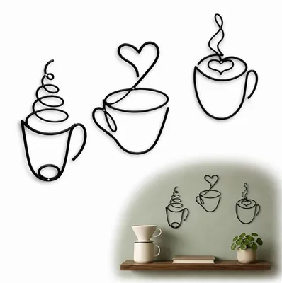 3er Set Metall Wanddeko Kaffeetasse Linienkunst Schwarz