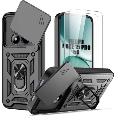 Image de Coque + 2 Verres Trempés pour Xiaomi Redmi Note 15 Pro 5G, avec Anneau Arrière - Noir