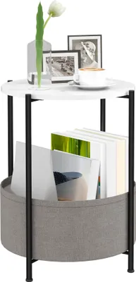 Produktbild von Runder Beistelltisch mit Stoffkorb, 2-stufiger Kaffeetisch für Wohnzimmer, Schlafzimmer, kleine Räume, Metall, Grau+Weiß