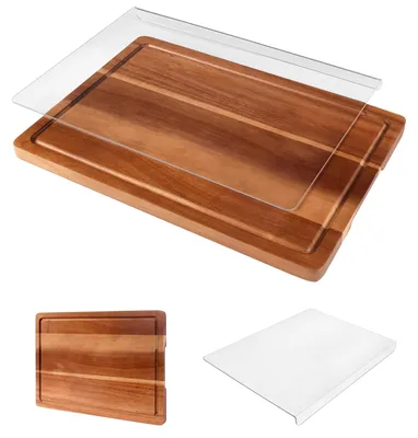 Productafbeelding van Een set van twee snijplanken, gemaakt van acaciahout en acryl, met een opvangrand voor sappen. Een van de snijplanken heeft een verhoogde rand, geschikt voor gebruik in de keuken