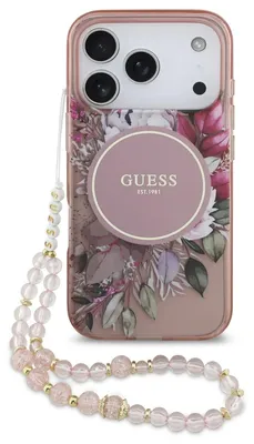 Obrázok produktu pre Guess – IML Flowers with Pearl Strap MagSafe obal na iPhone 17 Pro – ružový