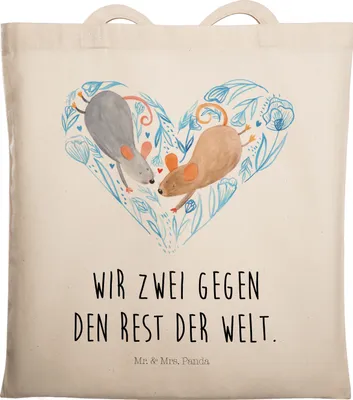 Produktbild von Mr. & Mrs. Panda Jutebeutel Mäuse Herz - Transparent - Geschenk, Hochzeit, Tasche, Laptoptasche, Freundin, Stoffbeutel, für Immer, Liebe, glücklich, Tote Bag, Shopping