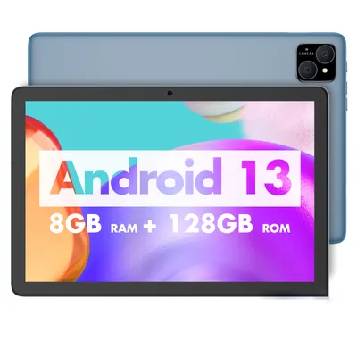 A blue tablet is shown from the front and back, with text overlay on the screen.