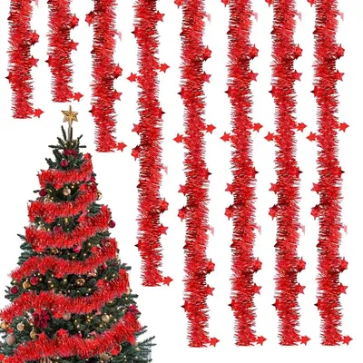 Image de Guirlande de Noël, décorations en lametta rouges, dimensions 8 x 2 mètres, avec étoiles