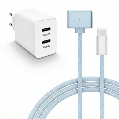 Produktbild von 45W USB C Ladegerät + 140W MagSafe 3 Kabel Himmelblau 2m für MacBook Air & Pro M1 M2 M3 M4 M5 - Dual Port Netzteil Adapter Schnellladung