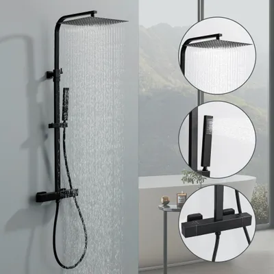 Obrázek produktu pro Sprchový systém Homelody s termostatem, nerezová sprchová baterie, velká dešťová hlavice o rozměrech 30 × 30 cm s nastavitelnou výškou 855–1105 mm, černá