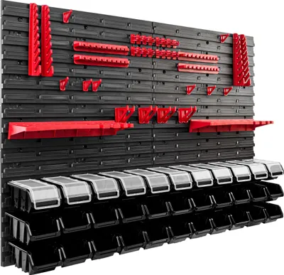 A wall-mounted storage system with various red tool holders and black and gray storage bins.