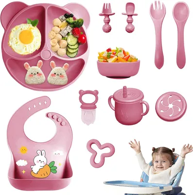 Immagine prodotto di Set da alimentazione per neonati, 11 pezzi, in silicone, composto da: piatto con ventosa, ciotola, bicchiere, bavaglino, posate, colore rosa, per l'alimentazione