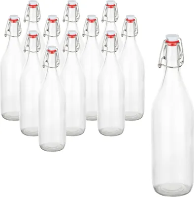 Produktbild von gouveo 12er Set Glasflaschen 1000 ml rund mit Bügelverschluss - Bügelflasche 1 Liter zum Befüllen - Bügelverschlussflasche für Wasser, Limonade, Saft und Spirituosen