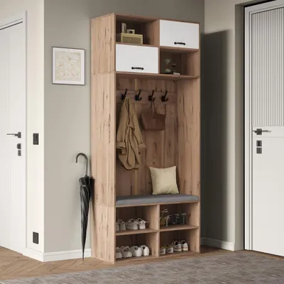 Produktbild von Garderobenset mit Sitzbank, 5 Haken, 2 Türen, 6 Fächer, Natur-Weiß, 80x185x35 cm