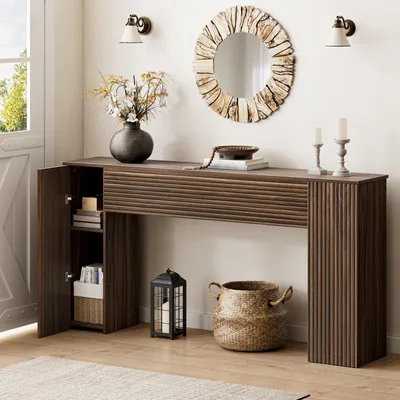 Produktbild von FABATO 155 cm Konsolentisch und schmaler Sofatisch mit Rillendesign, 2 versteckten Schränken, Walnuss – für Flur & Wohnzimmer