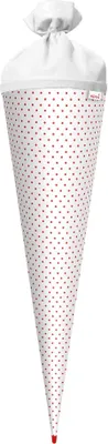Produktbild von Bastel-Schultüte groß weiß - rote Punkte 70 cm - rund Rot(h)-Spitze und Filzverschluss weiss