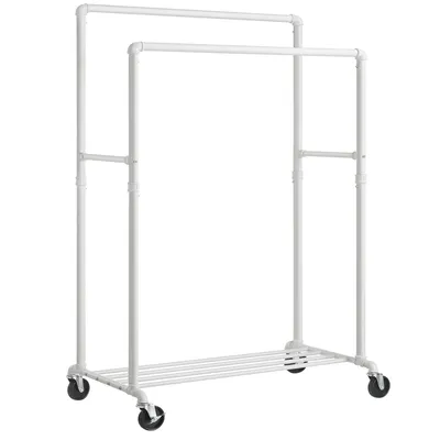 A white garment rack on a white background.