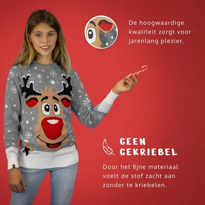 Zdjęcie produktu dla JAP Christmas Brzydki sweter świąteczny dla dzieci Renifer Rudolf - 100% z recyklingu - Dla chłopców i dziewczynek - Szary - Rozmiar 104/110
