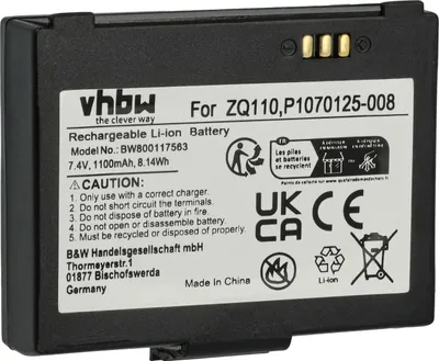 Produktbild von vhbw Akku kompatibel mit Zebra ZQ110, ZQ220, ZR128 Barcodescanner POS (1100 mAh, 7,4 V, Li-Ion)