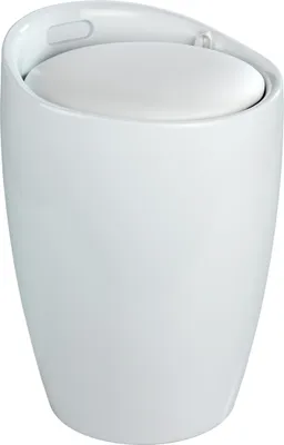 A white stool/laundry hamper.