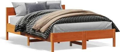 Produktbild von Design Massivholzbett mit Kopfteil Wachsbraun 160x200 cm Kiefer, Klassische Betten 2024 Neu