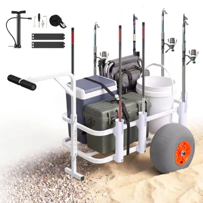 Produktbild von Angelwagen Bollerwagen - Faltbarer Transportwagen - 136 kg Tragkraft - Aluminiumgestell - 2 PolyurethanGeländereifen - 8 Rutenhalter - Für Angeln Camping Strand
