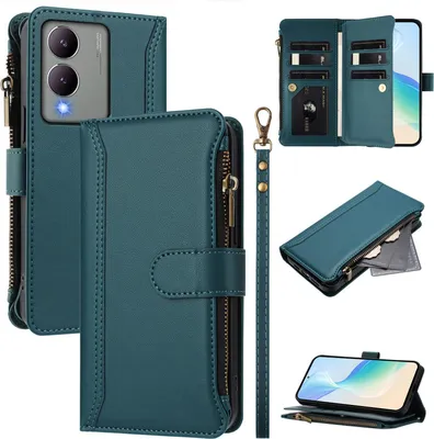 Image de Etui pour Vivo Y17s, zippé, étui portefeuille en cuirPolyuréthaneavec pochettes pour cartes, support et dragonne, vert