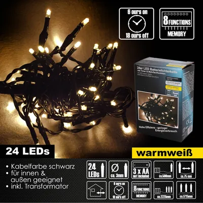 A close-up of a string of warm white LED lights with packaging and feature callouts in the background.