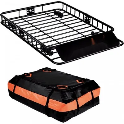 Image de Panier de galerie de toit - Panier de toit universel 1305x915x127 mm - Bac avec sac - Capacité 90 kg - Porte-rails - Noir - Camping, voyages etc.