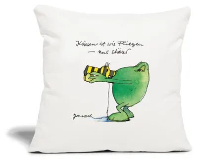 Produktbild von Spreadshirt Janosch Günter Kastenfrosch Küssen Ist Wie Fliegen Kissenbezug 45x45 cm, One size, Naturweiß
