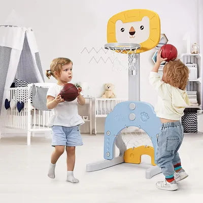 Produktbild von 3 in 1 Kinder Basketballkorb Set, 77-116 cm höhenverstellbarer Basketballständer mit Fußballkorb & Golf, multifunktionaler Indoor Spielplatz inkl. Bälle & Golf, für Kleinkinder (Gelb)