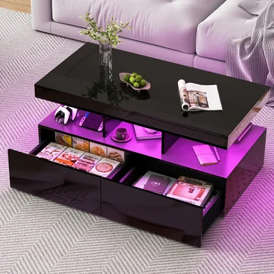 Produktbild von Couchtisch - Beistelltisch - Wohnzimmertisch - Nebentisch - Schwarzer, hochglänzender Couchtisch - LED-Beleuchtung