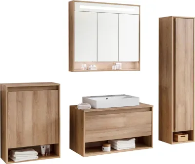 Produktbild von Fackelmann NATURA Badmöbelset 5-teilig, 94 cm, Braun hell + Spiegelschrank + Midischrank + Hochschrank