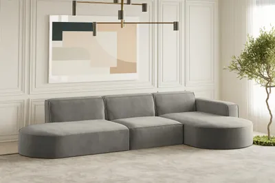Productafbeelding van Designbank PALMA, model Ecksofa, bekleed met stof Noel, kleur grijs. Voetbank aan de rechterkant