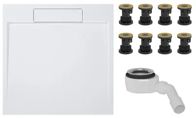 Produktbild von CERANO - Duschwannen-Set "Loro" – quadratisch – Gussmarmor – weiß, matt – 90x90 cm + Füße + Duschwannensiphon