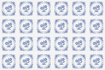 Produktbild von Fliesenaufkleber 20 x 20 cm – 24 Stück – Selbstklebend – Wasserfest – Pflegeleicht – Hitzebeständig – Für Küche & Bad – Blaues Blumenmosaik