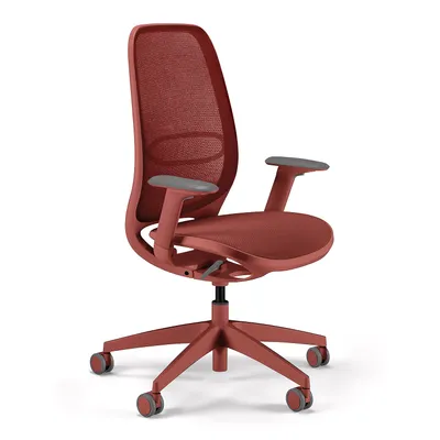 A red office chair with gray armrests is shown against a white background.
