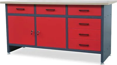 Produktbild von Werkbank mit Arbeitsplatte Werktisch mit 6 Schubladen 2 Schließfächer Verstellbare Füße MDF-Arbeitsplatte Belastbar bis 500 kg Metall 170 cm x 60 cm x 85 cm Anthrazit-Rot