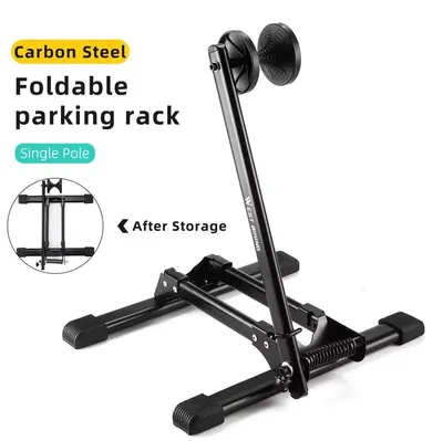 Image de Support au sol pour vélo - Support à poteau pour stationnement de vélos - Rangement intérieur - Pliable - Pour VTT et vélos de course - Support à une jambe